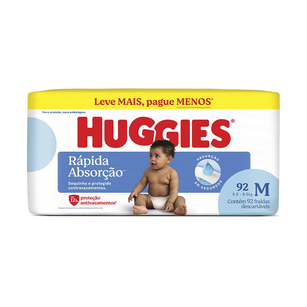Fraldas Tripla Proteção Hiper M Huggies 92 Unidades