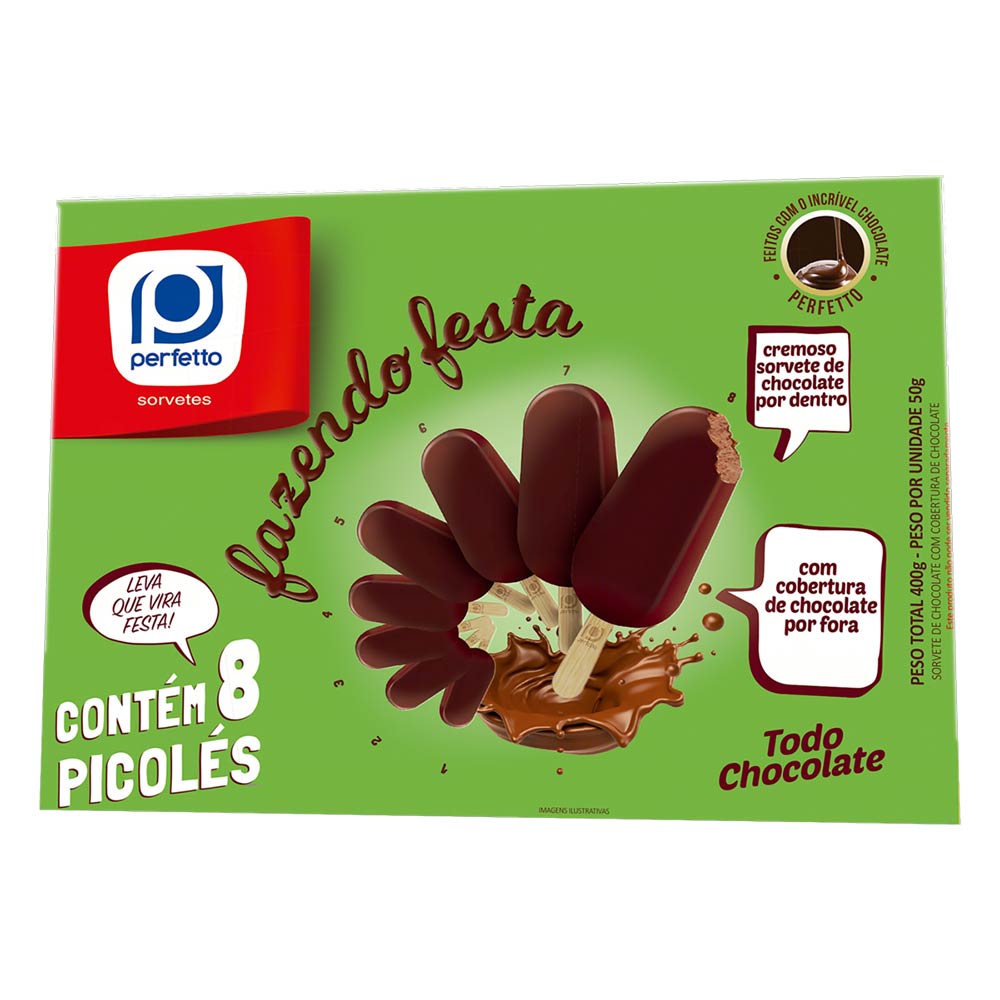Picolé Chocolate Cobertura Chocolate Fazendo Festa Perfetto 50g 8 Unidades