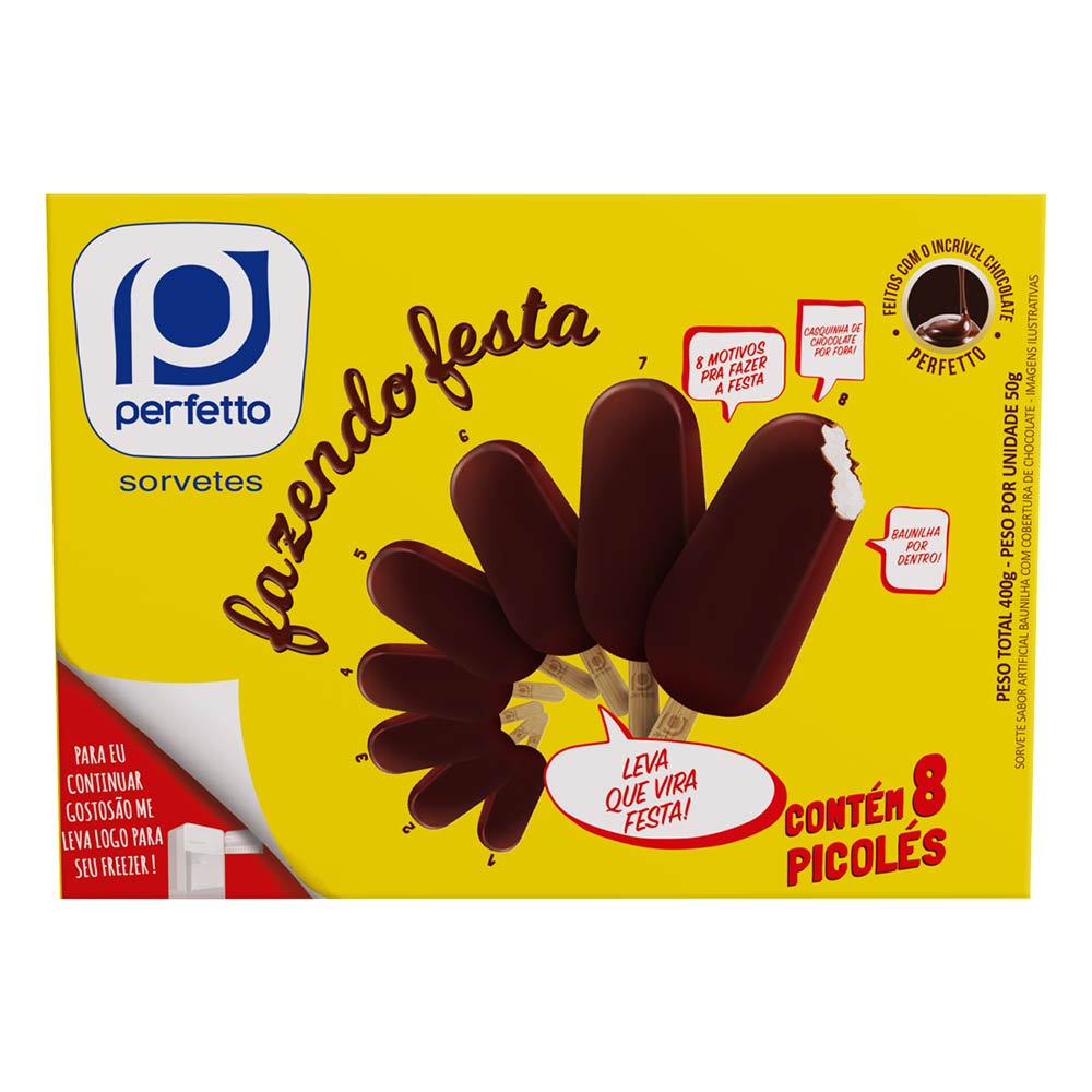 Picolé Baunilha Cobertura Chocolate Fazendo Festa Perfetto 50g 8 Unidades